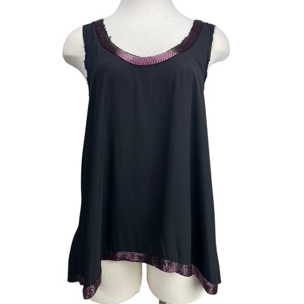 RORY BECA Womens (XS) Beaded Swing Black Tank Top Silky Raw Edge Baggy USA